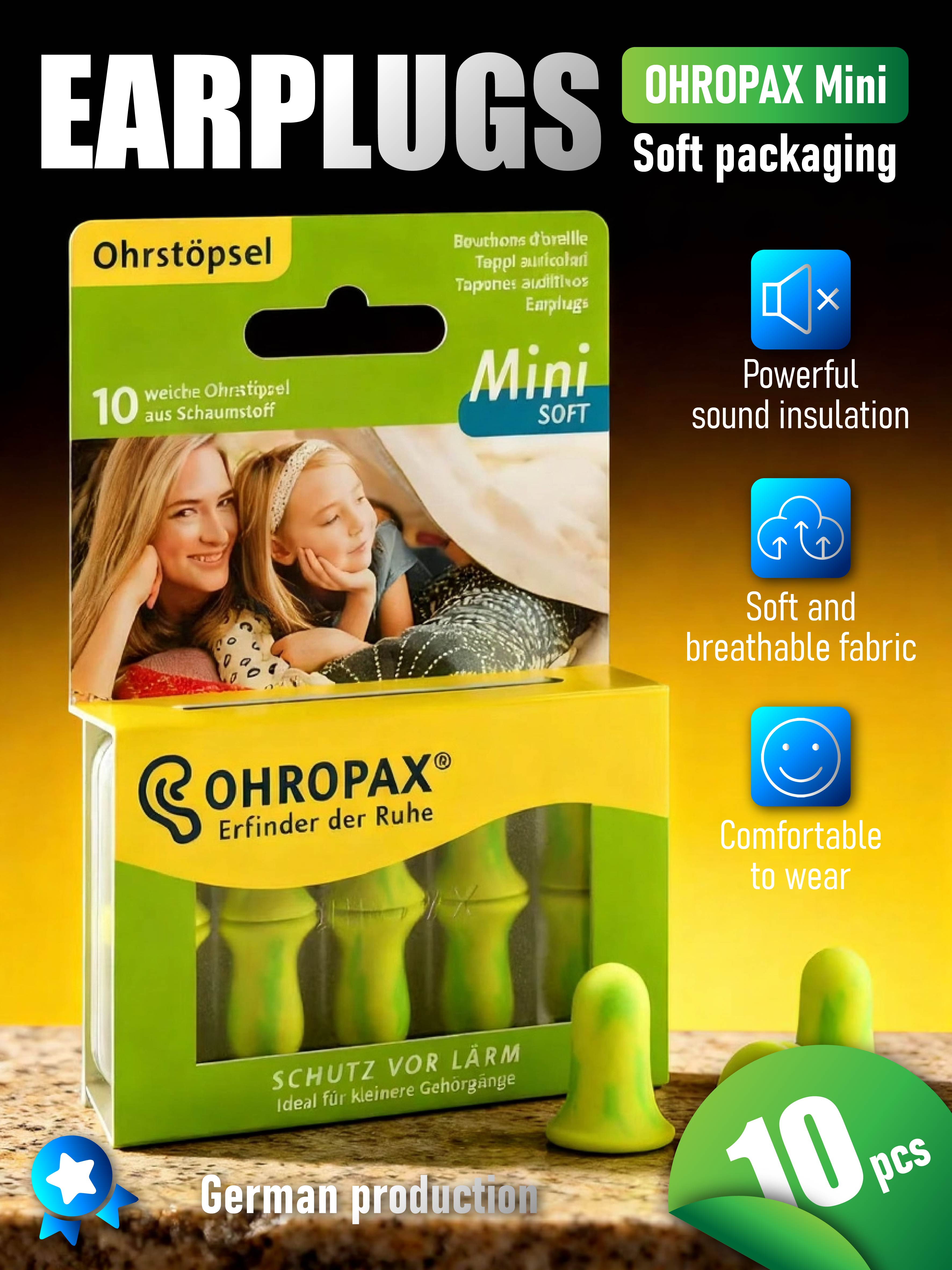 OHROPAX Mini Мягкие беруши - Упаковка 10 шт. Звукоизоляционные беруши, сделано в Германии
