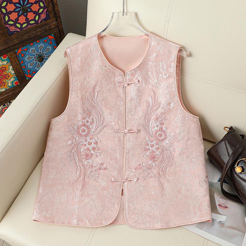 

Women s Summer Jacquard Beaded Vest with Frog Button Shawl - Enhanced Chinese Style XL (45-55 kg) рожевий
