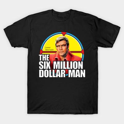 Men Black Print T-shirt The Six Million Dollar Man No-Cut Transfer Paper Print Cotton Tshirt