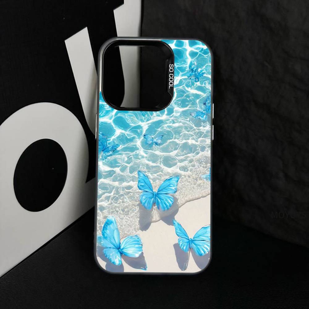 Blue Butterfly Ocean Waves Phone Case For iPhone 17 16 15 14 13 12 11 XS XR X Pro Max Plus Colored Silver Plated Cover