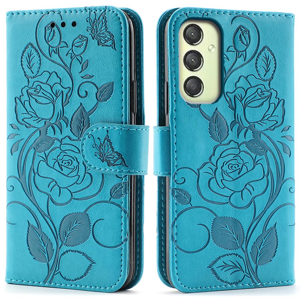 

For Samsung Galaxy A15 4G/5G Case Wallet Stand Imprinted Rose Butterfly PU Leather Phone Cover Blue