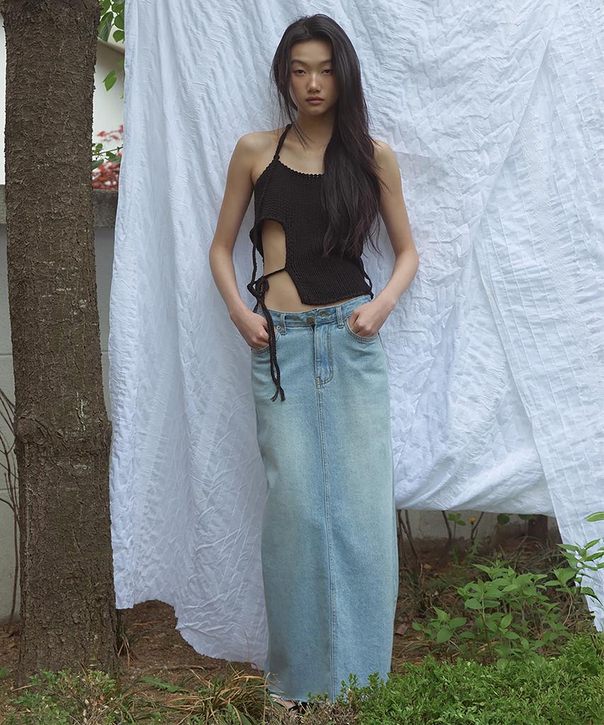 Lonkeu Tie-Up String Knit Top (Black)