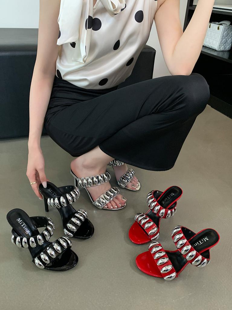 fashion Fashion Women Slides Slippers Sexy Party Pumps Thin High Heels Black Red Silver Gladiator Summer Dress Sandals Slip On Party  39