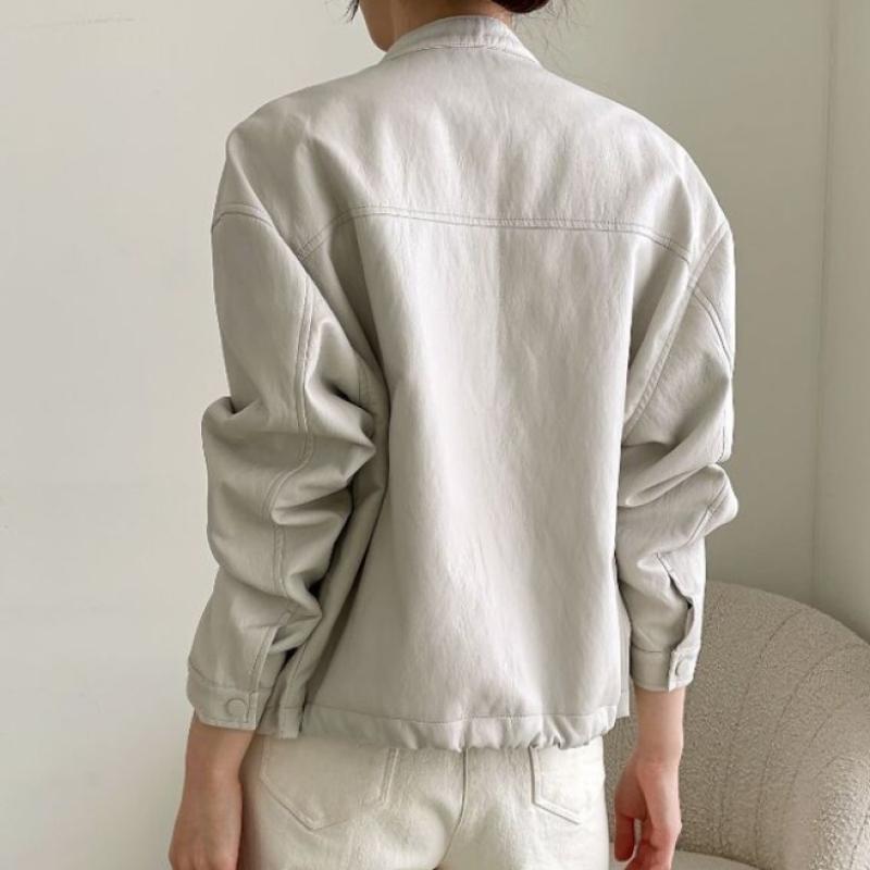 Open Run Henry Neck Zip Up Jacket Women Fake Leather Rider Spring