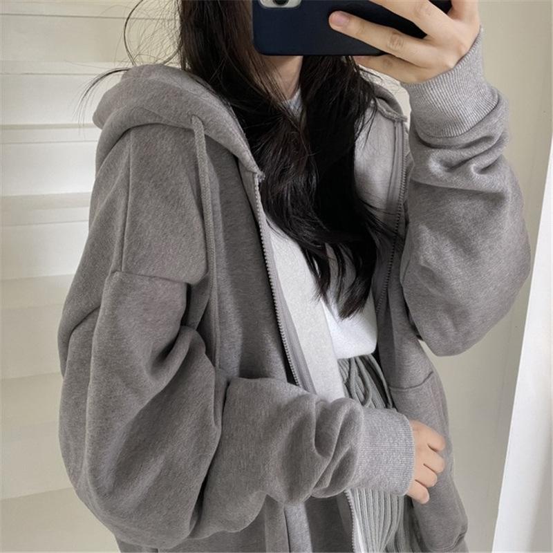Bahar Kadın Kapüşonlular Kore Gevşek Uzun Kollu Zip Up Katı Cep Büyük Boy Tişörtü Kadın Sonbahar Kapşonlu streetwear Rahat Üst