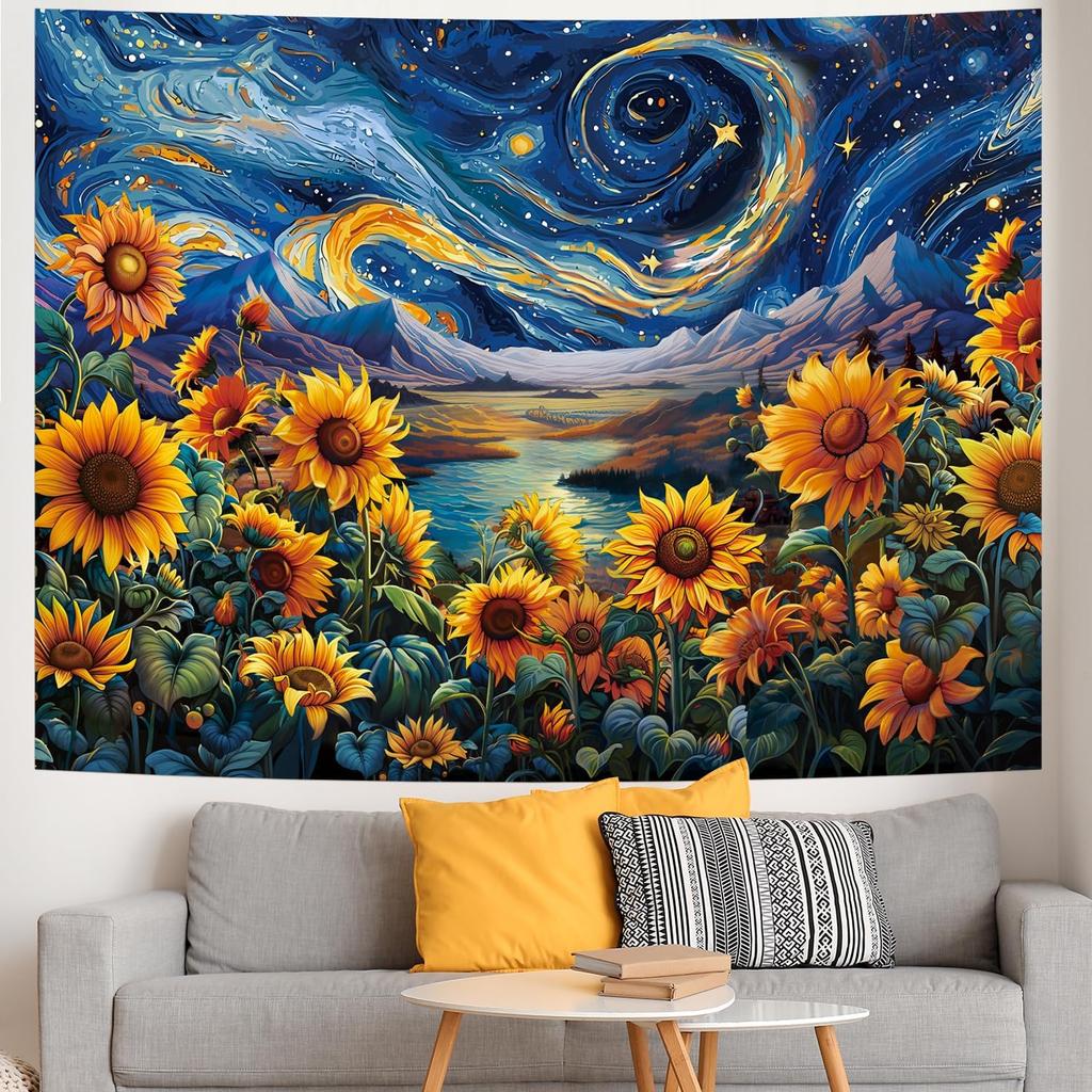 Yuiqear Sunflower Starry Sky Tapestry Galaxy Space Tapestries Mysterious Mountain River Wall Decor Fantasy Landscape Tapestry for Bedroom