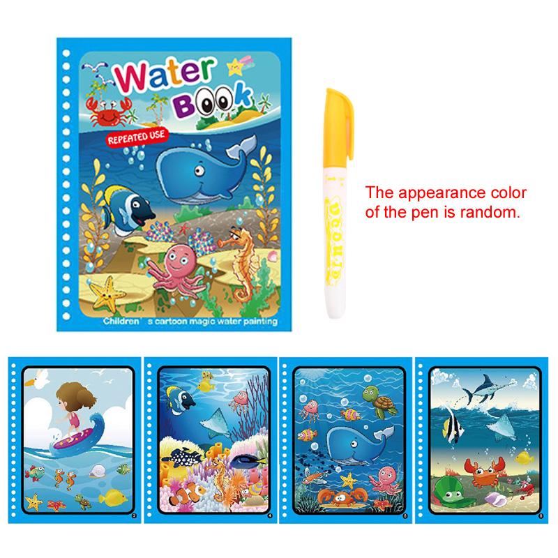 Water Drawing Book with Refillable Water Pen Reusable Magic Painting Drawing Board Cute Cartoon Pattern Gift for Boys Girls TMZ