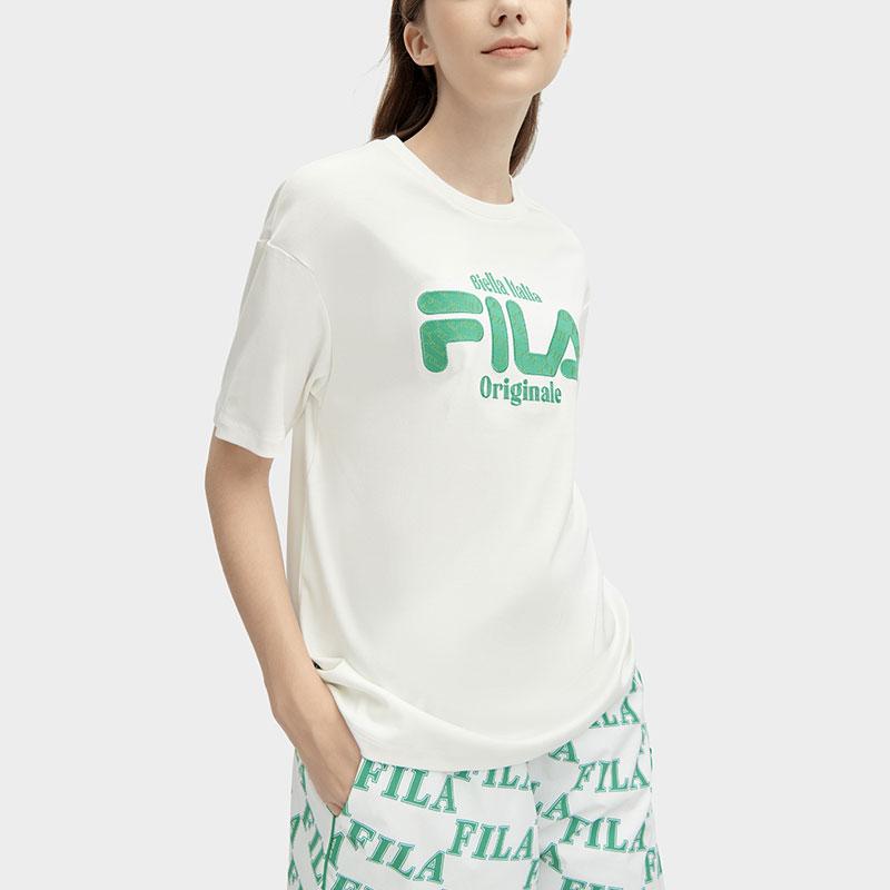 FILA Letter Print Fashion Casual Loose Color Block Short Sleeve Drop Shoulder T-Shirt Women Tops Cloud-Mushroom-White F11W419106F-WT