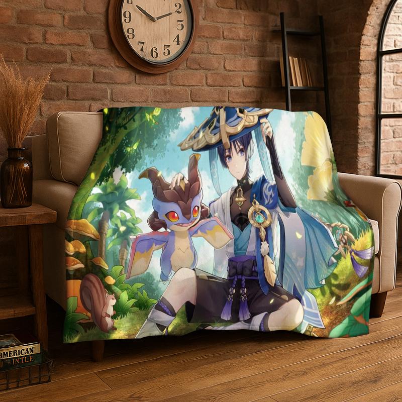 New Genshin Impact Cartoon Game Flannel Blanket Soft Warm Throw Blanket for Bedroom Living Room Bed Travel Camping Picnic Gift