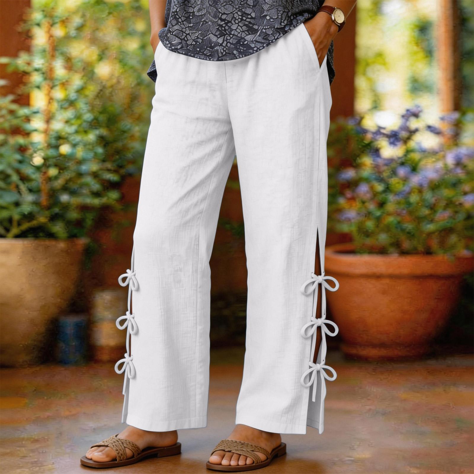 

Women s Cotton And Linen Loose-fitting Color Casual Pants With Elastic Waistband, Side Slits Design. XL
