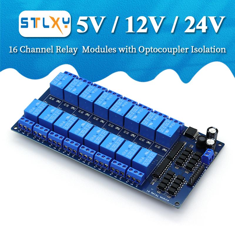 16 Channel Relay Shield Module DC 5V 12V 24V with Optocoupler LM2576 Microcontrollers Interface Power Relay For Arduino DIY Kit