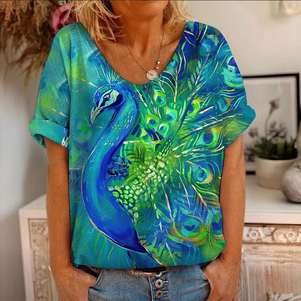 New animal bird 3d printing hummingbird t-shirt women's short-sleeved V-neck T-shirt women's clothing