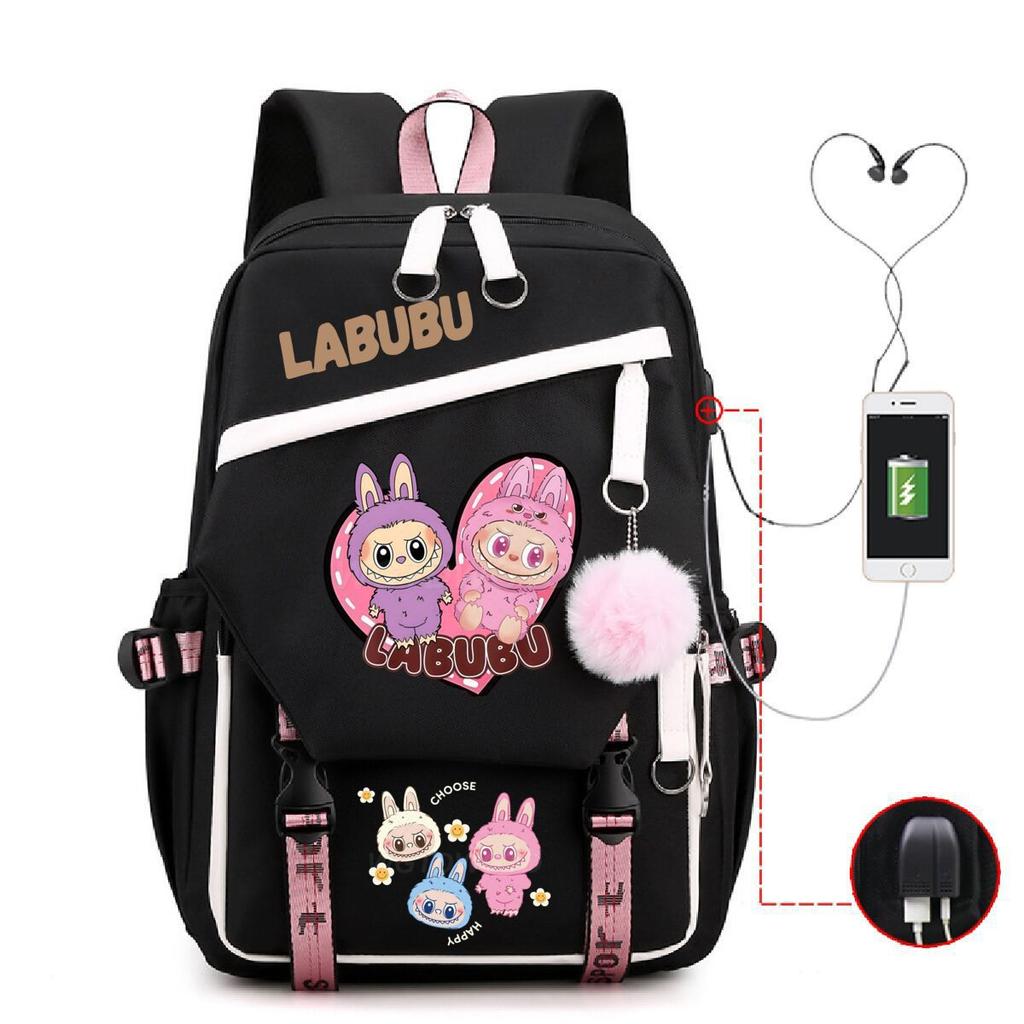 Labubu printed student schoolbag multi-function large capacity backpack with USB port