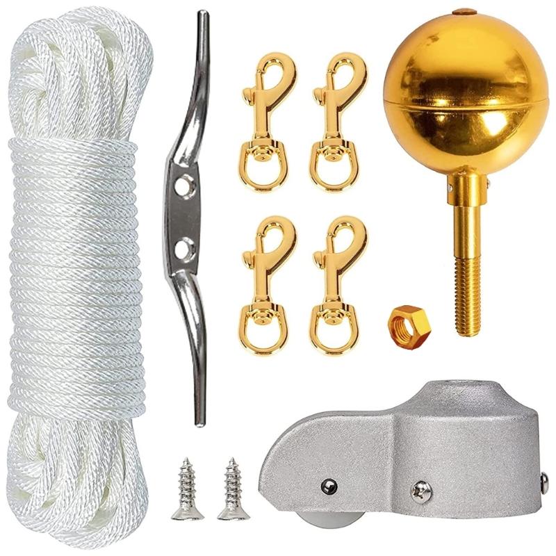 Complete Weatherproof Flagpole Pulley Maintenance System Accessories Set For 2-2.6inch Poles 50ft Cord Metal Fasteners