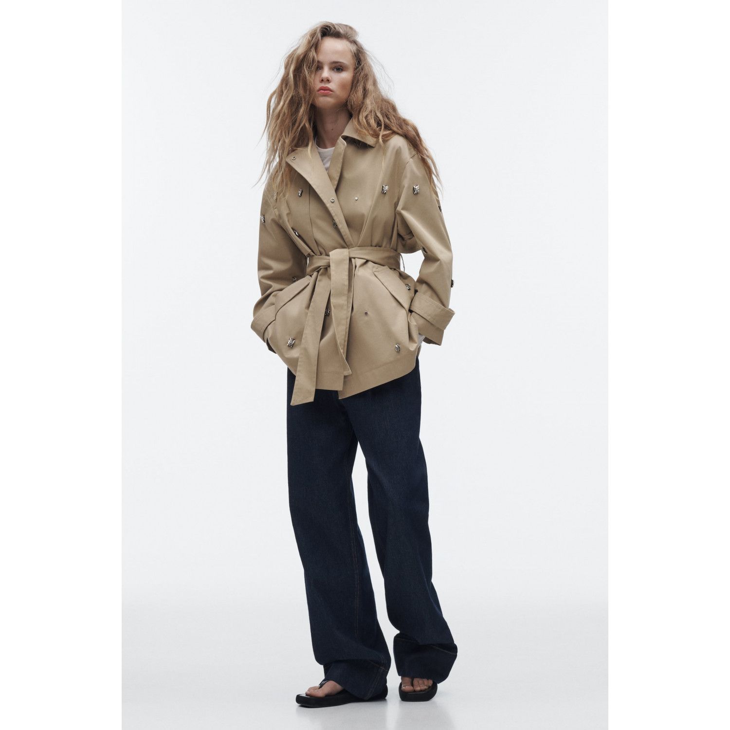 

TRENCH COAT WITH RHINESTONE APPLIQUES
