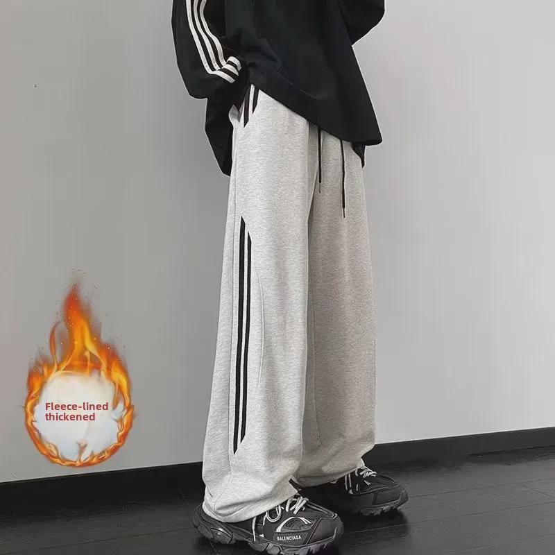 Men's Gray Casual Straight-Leg Sweatpants - Autumn/Winter Trendy Loose Fit with Drape and Plush Lining