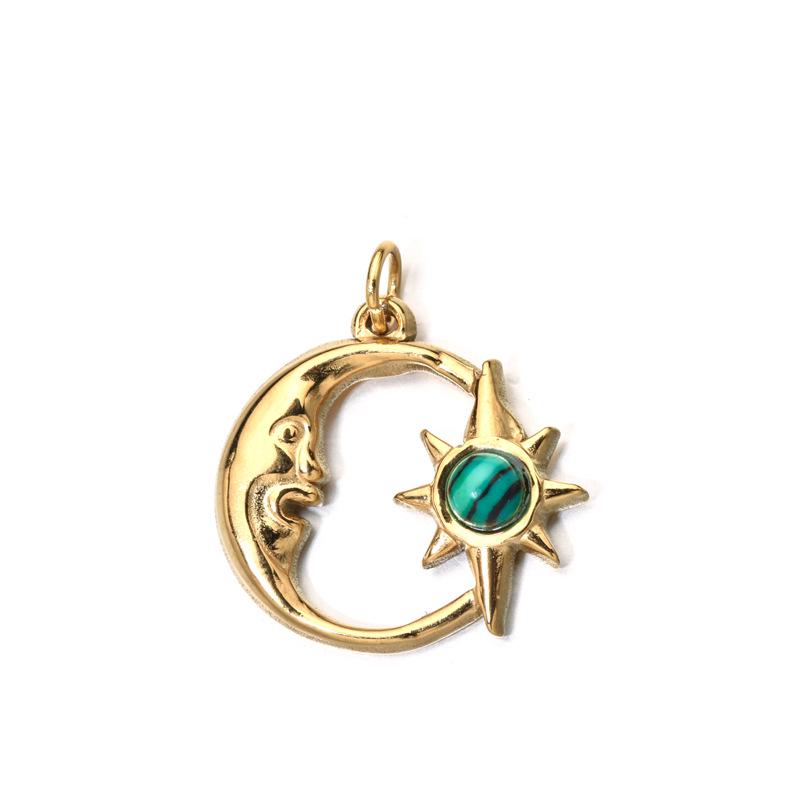 European Retro Sun and Moon Stainless Steel Pendant with Semi-Precious Stone Charm for Women.