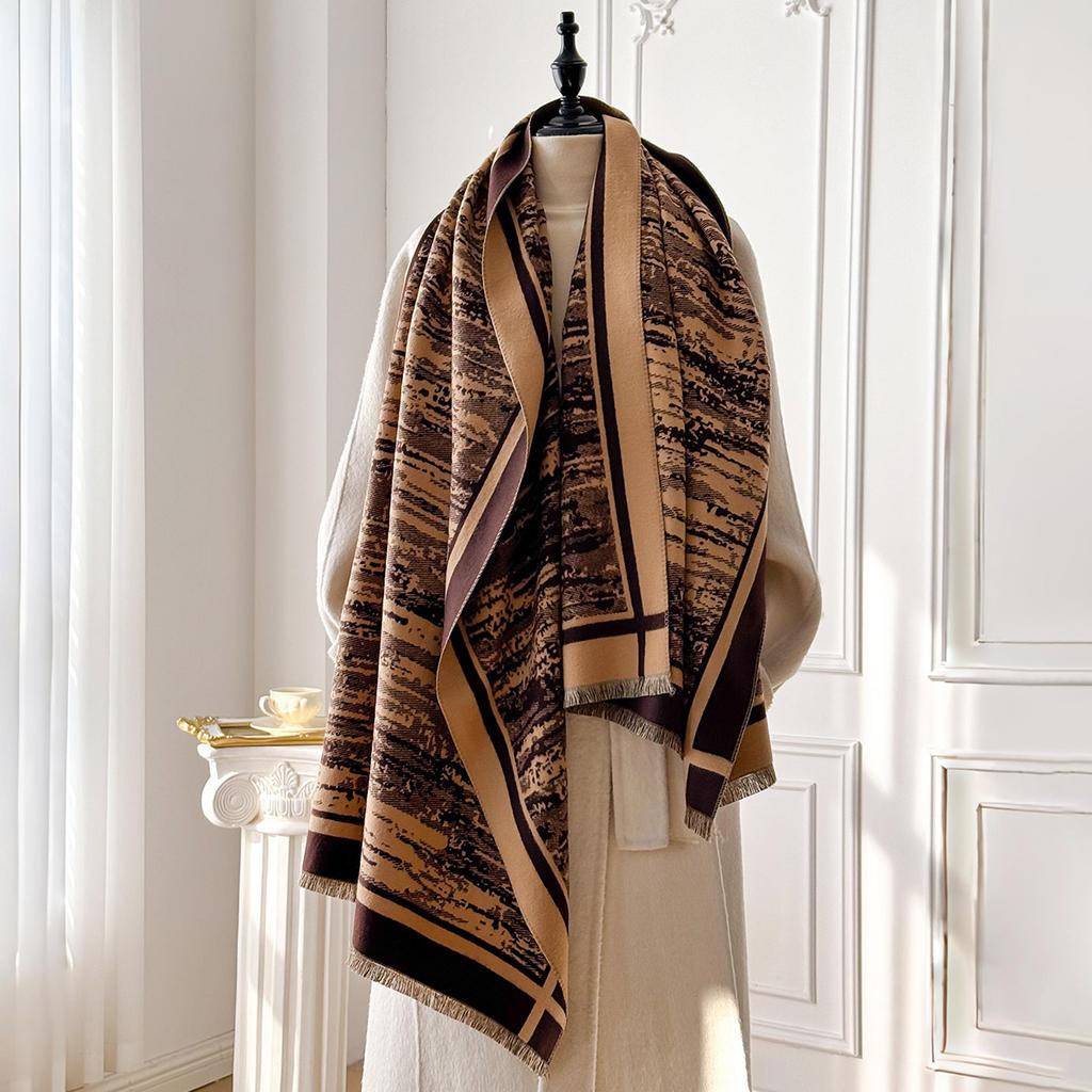 2025 Brand Elegance Two-Sided Print Scarf Soft Warm Fringe Pashmina Shawl Autumn and Winter Outdoor Coldproof Windproof Blanket