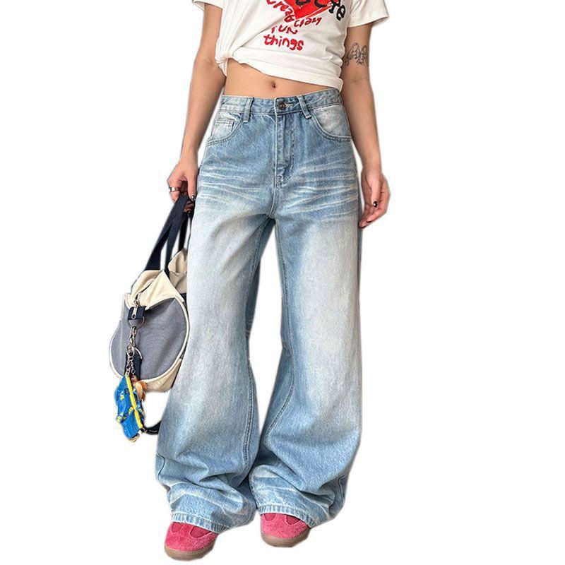 Design Sense Creases Doing The Old Washed Jeans Women Loose Wide Leg Pants High Waist Drag Floor Long Pants Jeans for Women Long Denim Pants