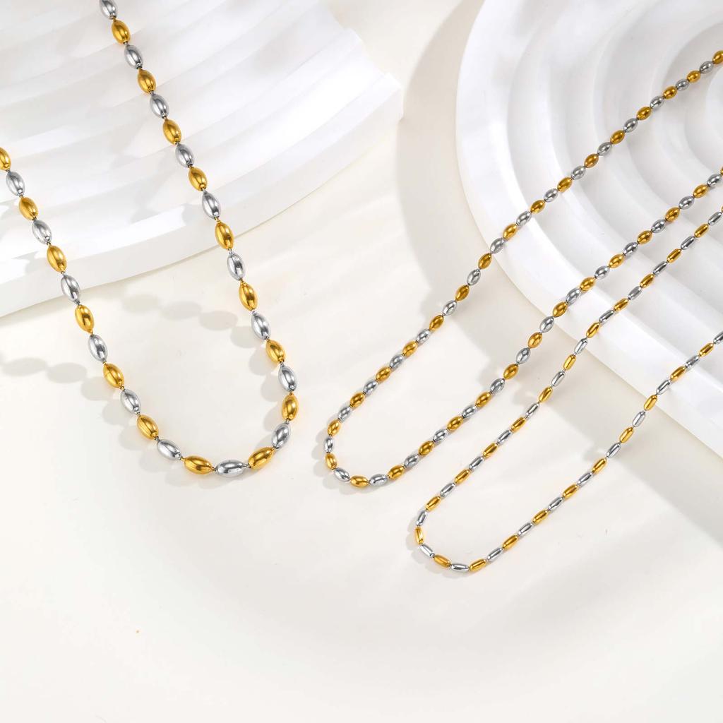 18K Gold Plated Two Tone Oval Beaded Chain Necklace for Women, Stainless Steel Clavicle Choker Necklace, Fashion Jewelry Gift