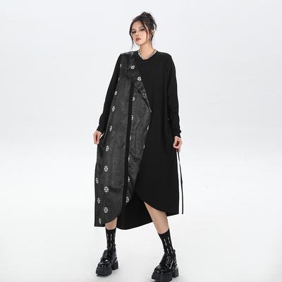 Vintage Embroidery Patchwork PU Fake Two Piece Dress Women GJ1229