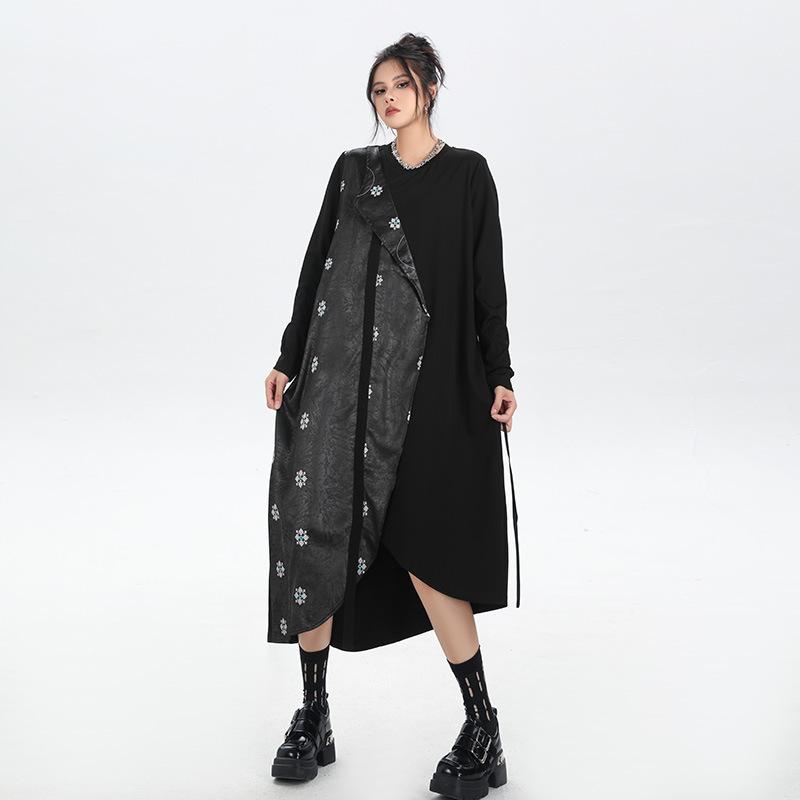 Xitao Vintage Embroidery Patchwork PU Fake Two Piece Dress Women GJ1229