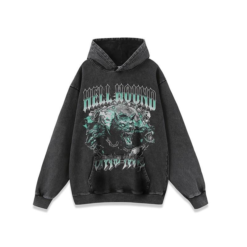 Mens Oversized Washed Distressed Wolf Print Hoodie Streetwear Hip Hop Casual Long Sleeve Cotton Sweatshirt