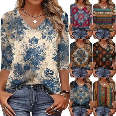 Damen T-Shirt Print 3/4 Ärmel Alltag Wochenendmode Basic V-Ausschnitt Normales Oberteil