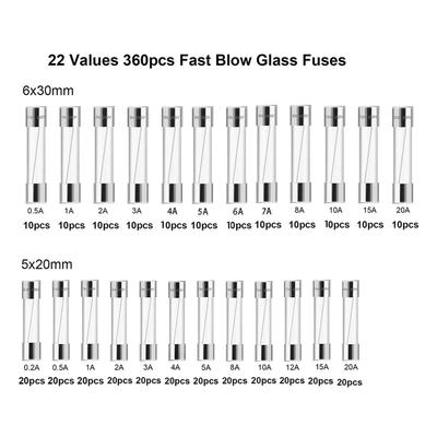 360Pcs Glass Fuse Tube 0.25A?20A 24 Types 6x30mm 5x20mm Assortment Set Kit for Circuit Protection