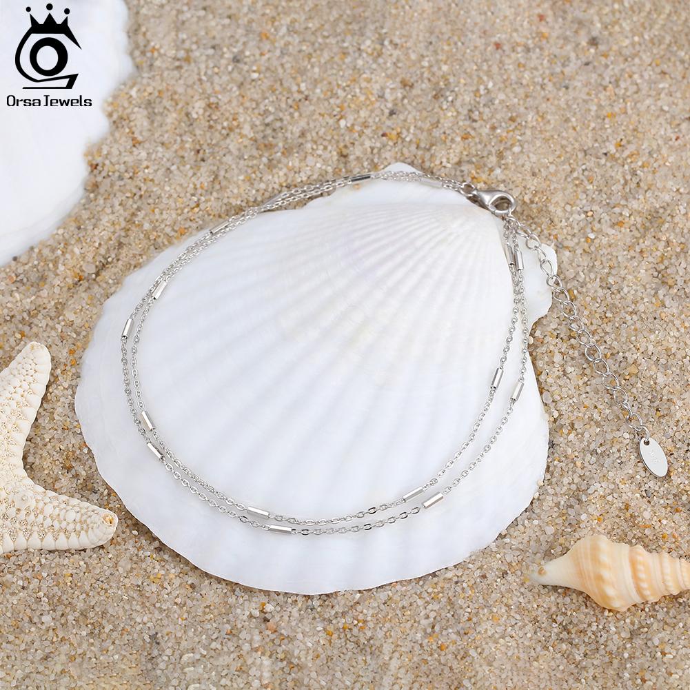 ORSA JEWELS S925 Silver Ankle Bracelet Summer Cable Chain Anklet Layered Dainty Cute Adjustable Beach Foot Jewelry SA35