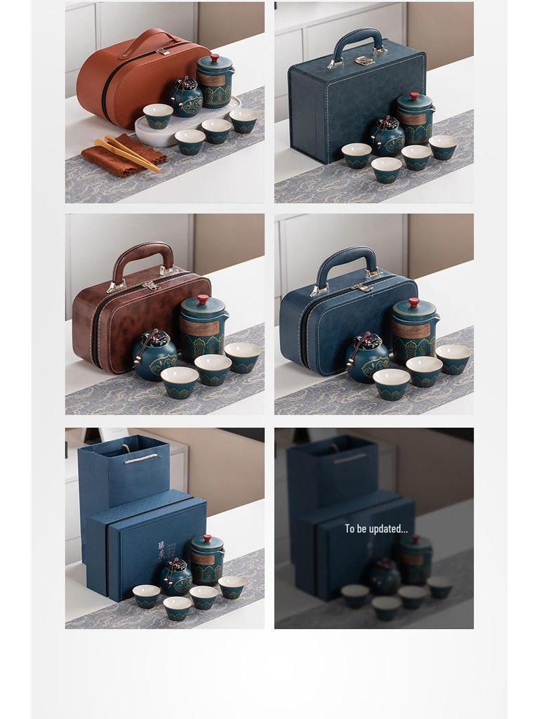Ancient Charm Ceramic Travel Tea Set: Quick-Brew Pot with Three Cups for Outdoor Use - Customizable Logo Gift