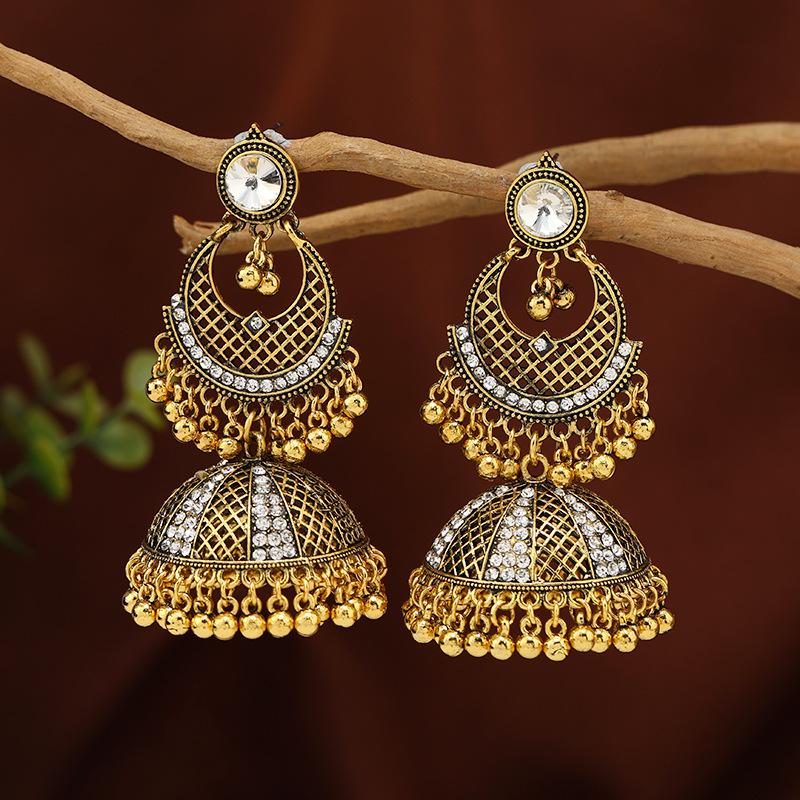 Women Indian Ethnic Earrings Femmes Vintage Hollow Crystal Lantern Tassel Drop Earring
