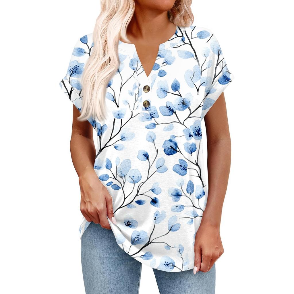 Top Pulôver Feminino Casual da Moda de Manga Curta com Decote em V, Botões e Estampa