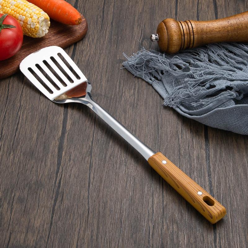 Stainless Steel Spatula Soup Spoon Colander Kitchenware Set Wooden Handle Kitchen Household Cooking Frying Spatula