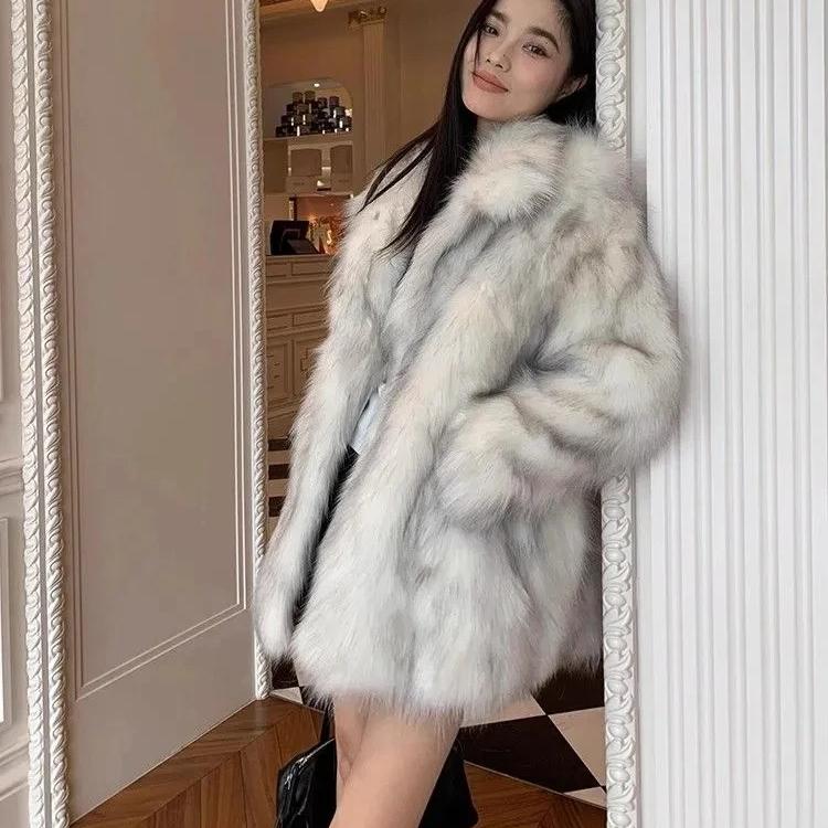 Geacă de iarnă pentru femei, imitație blană de vulpe, haină din iarbă, groasă, lungă, călduroasă, paltoane din blană artificială, jachetă cardigan de modă luxoasă, pentru femei