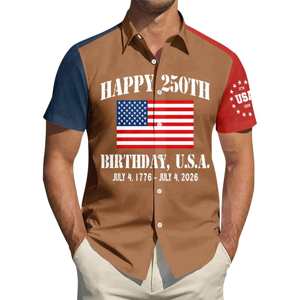 Top da Uomo Stampato per il Giorno dell'Indipendenza con Colletto Camicia Casual Sportiva a Maniche Corte da Uomo
