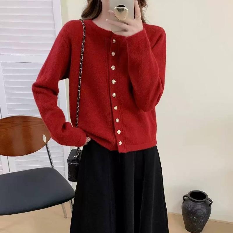 Early autumn new round neck knitted cardigan with top women's short versatile solid color soft waxy long-sleeved sweater jacket women