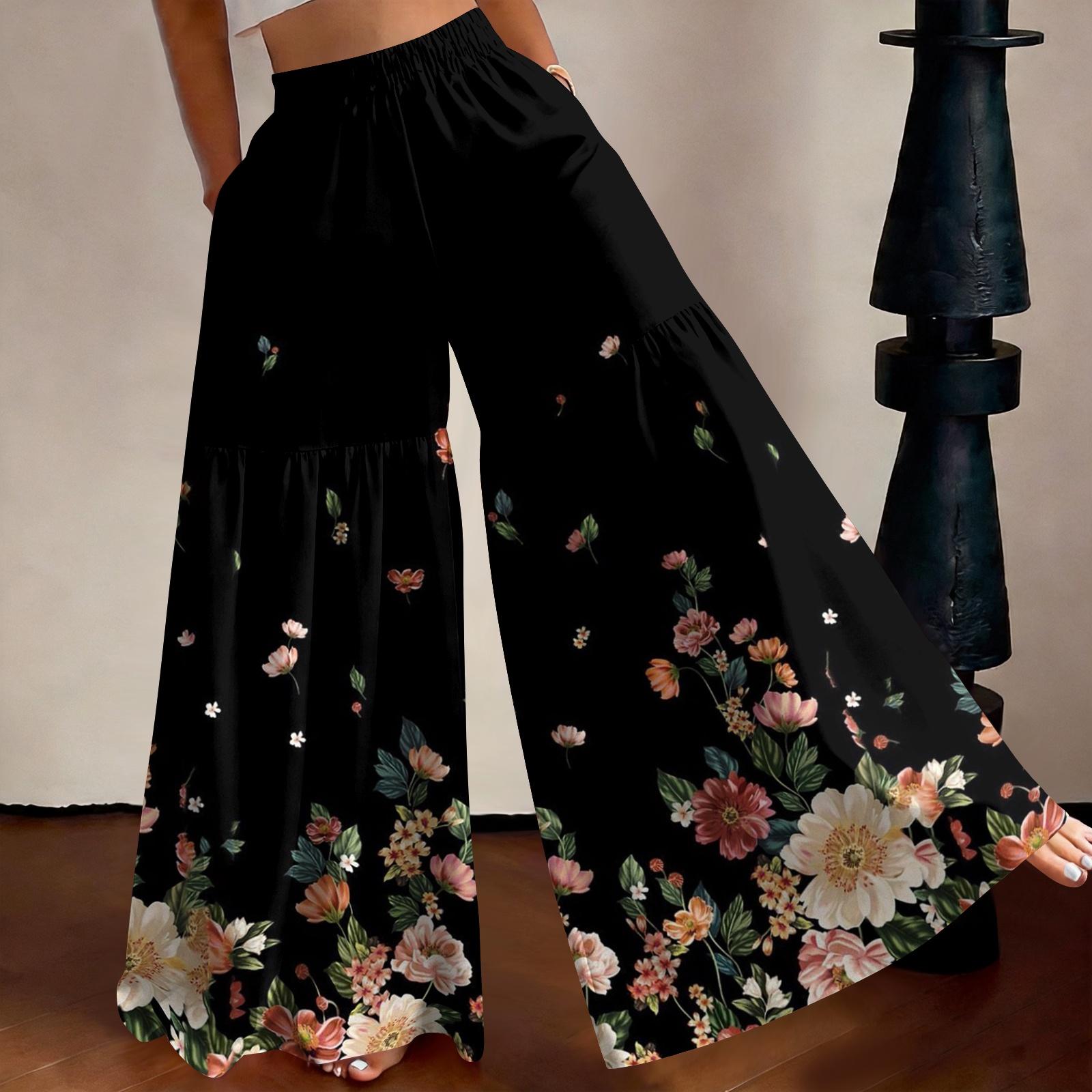 

High Waist Wide Leg Pants Women Loose Fit Lightweight Floral Print Palazzo Trousers Vintage Style Casual Long Pants for Summer S чёрный