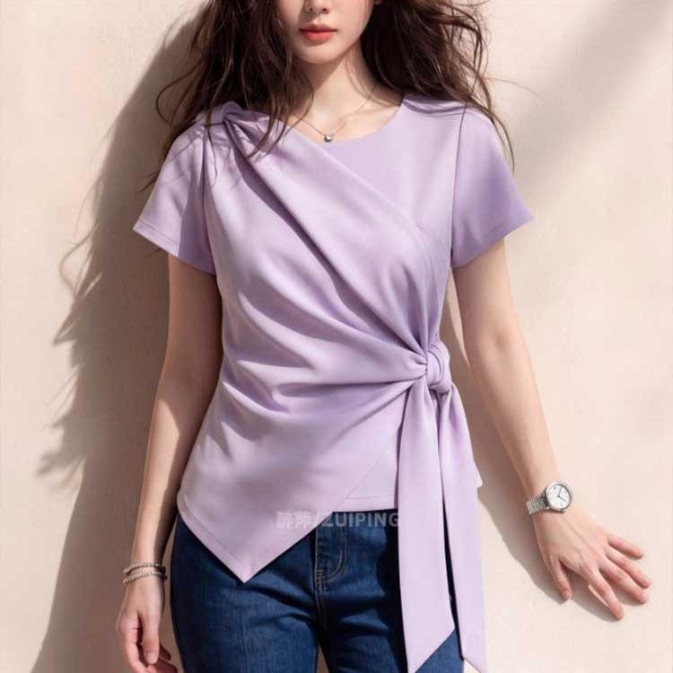 New Korean summer simple style purple short-sleeved lace-up waist T-shirt women s design versatile top S фиолетовый