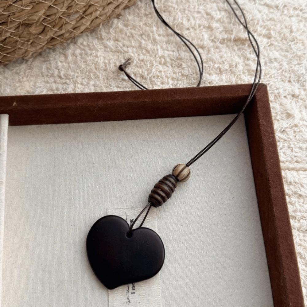 Hollow Heart Geometric Pendant Necklace Adjustable Rope Long Chain Resin Necklace Vintage