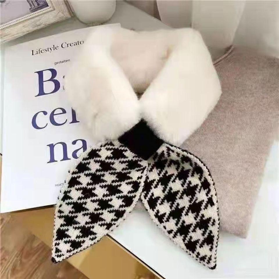 New Winter Korean Style Houndstooth Scarf Women's Fashionable Fur Warm Imitation Rabbit Fur Cross Small Scarf Thickened