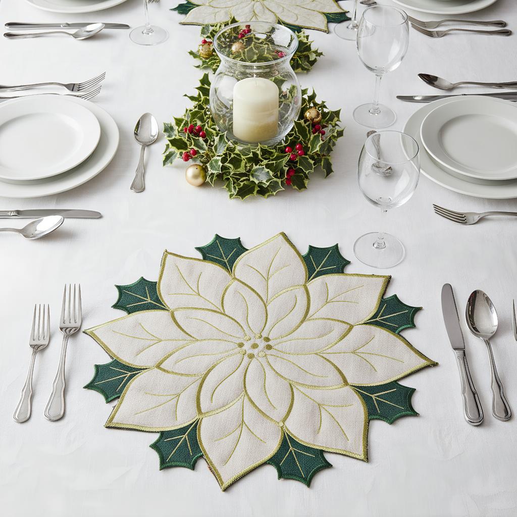 4 Stück Hitzebeständige Dekorative Weihnachts-Tischsets Weihnachtsstickerei Stechpalmenblatt Platzset für Feiertagszusammenkünfte & Heimdeko