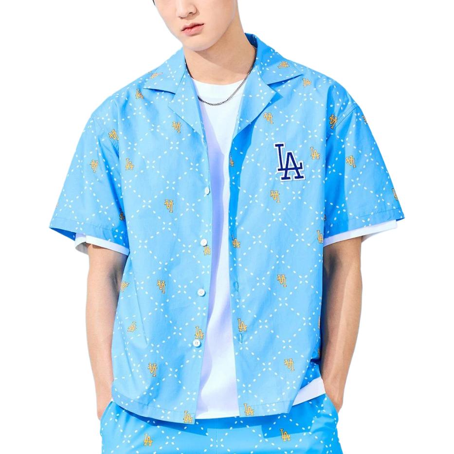 MLB Los Angeles Dodgers Common Mega Diamond Monogram Letter Pattern Printed Button-Up Short Sleeve Shirt Women Shirts Blue 3AWSM0533-07SBS