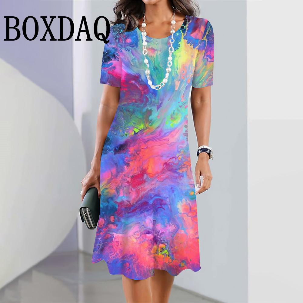Colorful Tie Dye Gradient Summer Dress Women s Short Sleeve Round Neck Clothes Daily Casual Fashion Loose Mini A-Line Dress S