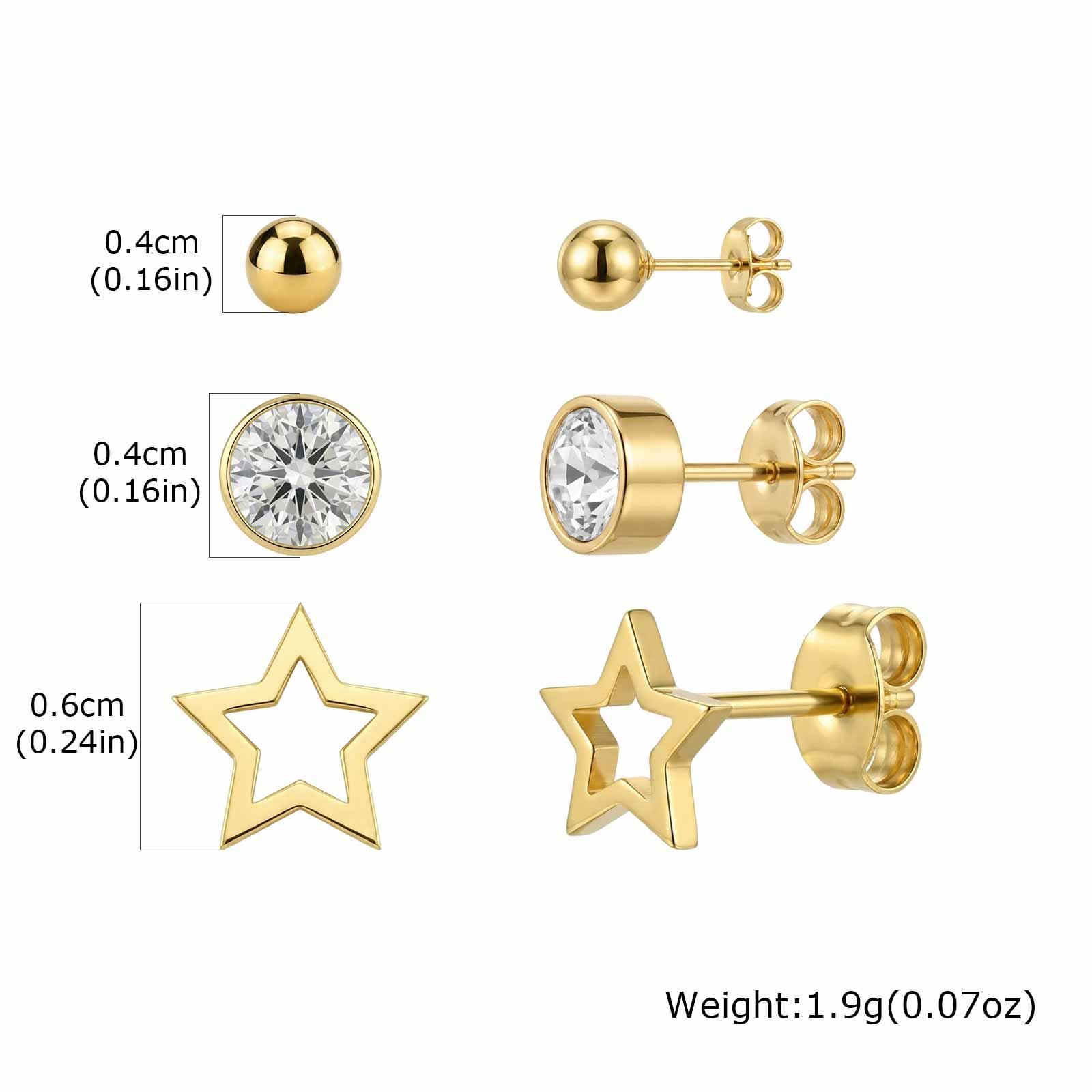 

3 Pairs Set Stud Earrings Stainless Steel Heart Star Butterfly Moon Cherry Clover Zircon Piercing Jewelry for Women Non-Tarnish