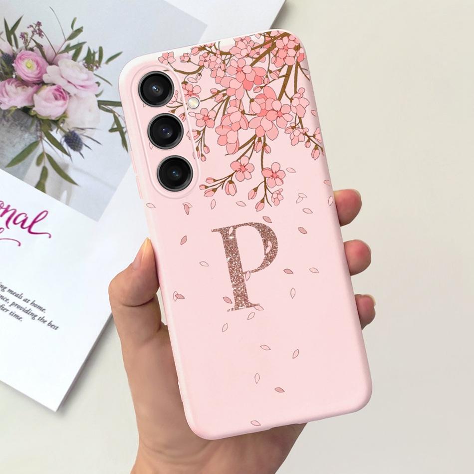 For Samsung Galaxy A15 Fashion Crown Sakura Initial Letter Case For Samsung A15 SM-A155F A 15 4G Soft Silicon Phone Bakck Cover