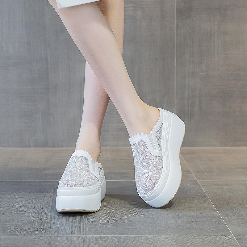 Fashion 8cm Heelless Half Slippers Female Baotou Summer New Lace Glitter Breathable Platform Casual Shoes Fashion Trend