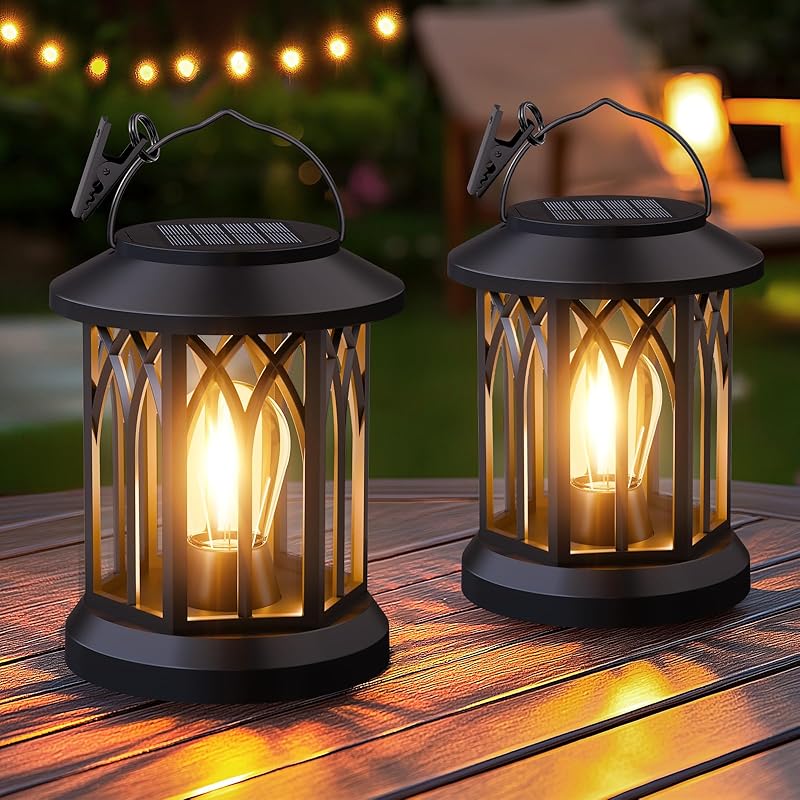 Hanging Solar Lanterns Outdoor Waterproof - 2 Pack Lanterns Decorative Outdoor Patio Decor with Clip Solar Lantern for Outside - Outdoor Lanterns for 2 Pack