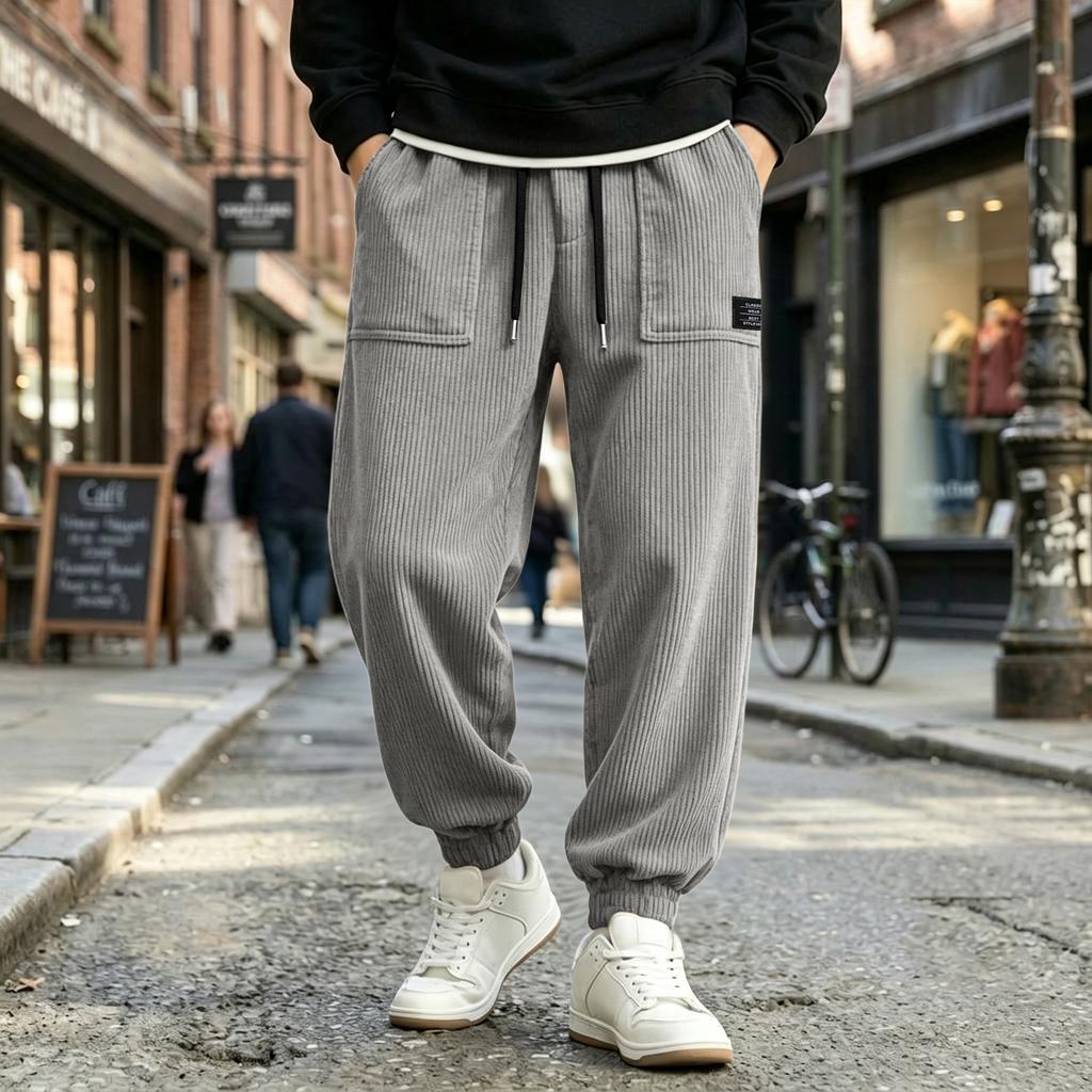 Men's Casual Loose Fit Corduroy Jogger Pants with Elastic Waist