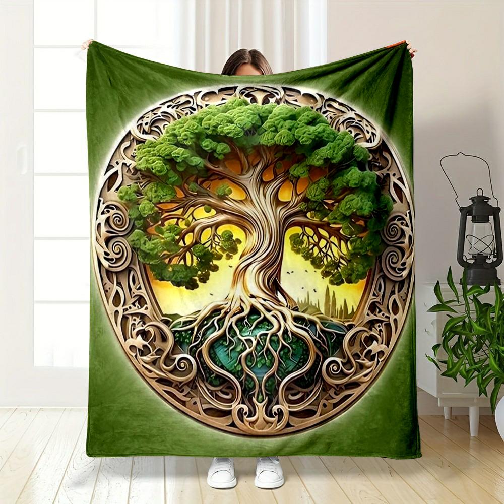 Tree of Life Green Designed Flannel blanket for bedroom, living room, sofa, and nap